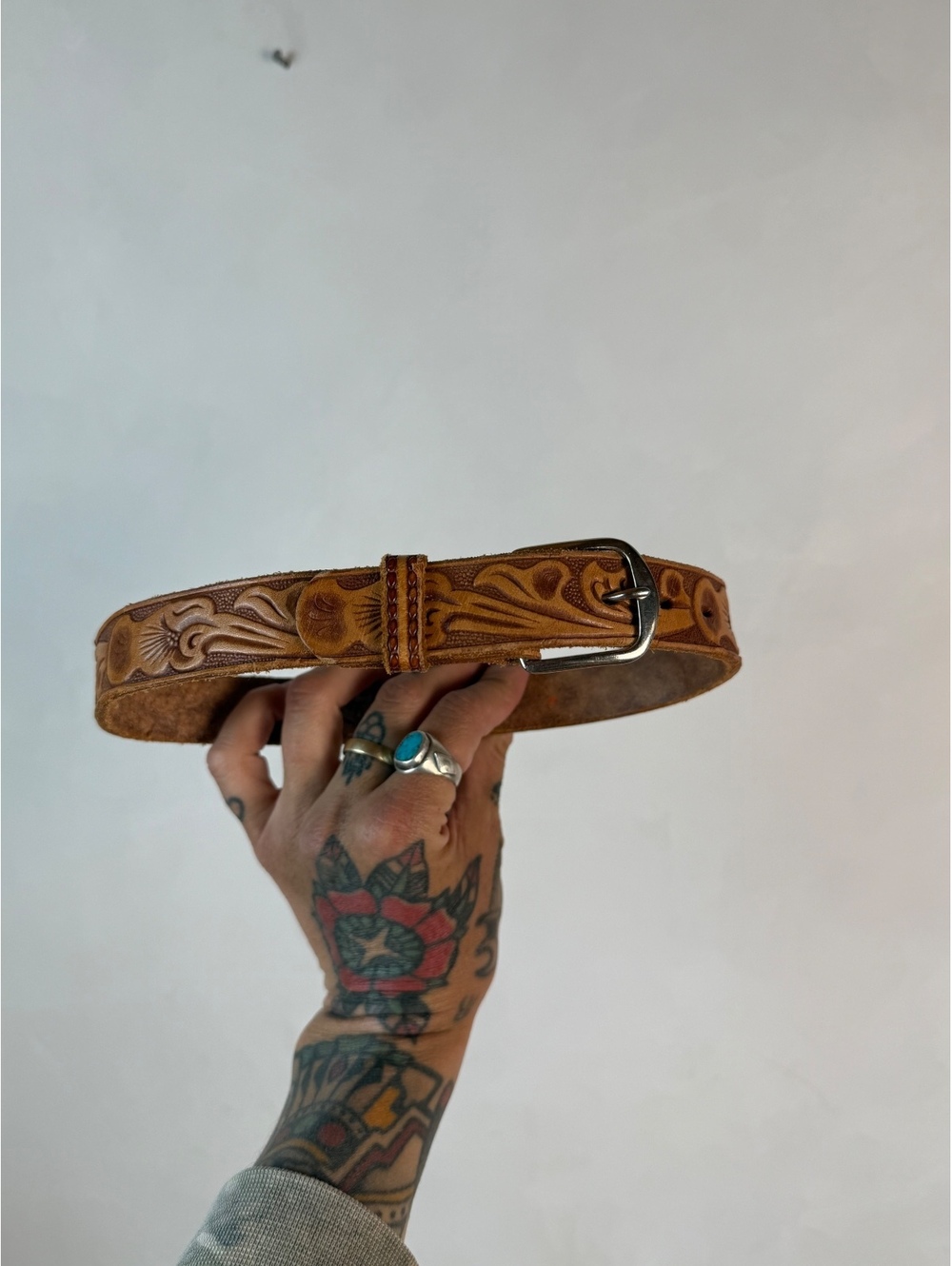 Toddler 2-3T Brown Tooled Leather Belt with Floral Design